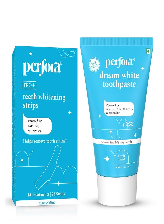 بيرفورا مجموعة بيرفورا لتبييض الأسنان | معجون أسنان دريم وايت 150 غرام وشرائط تبييض الأسنان - 14 استخدامًا | تركيبة آمنة على مينا الأسنان وخالية من الحساسية لتبييض الأسنان وإزالة البقع | عبوة من قطعتين - Image 1